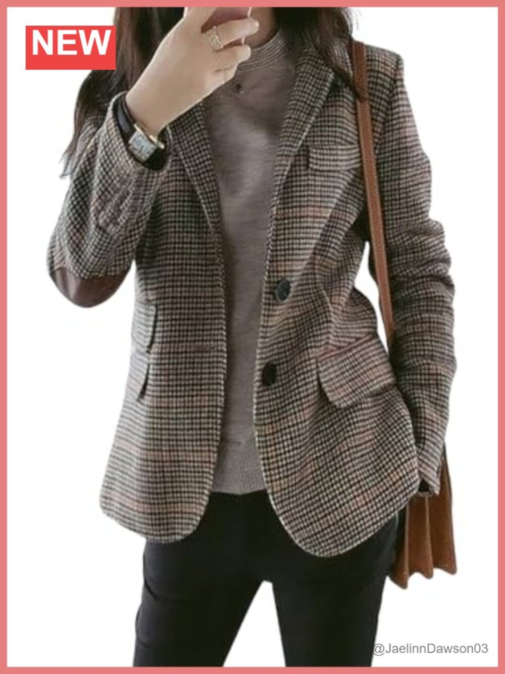 Notch Lapel Single Breasted Houndstooth Plaid Blazer with Elbow Patches